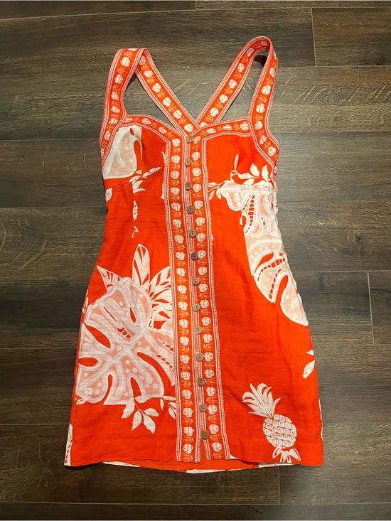 FARM Rio Dresses & Skirts - FARM RIO Red Tropical Monstera Pineapple Linen Mini Dress Size Small EUC